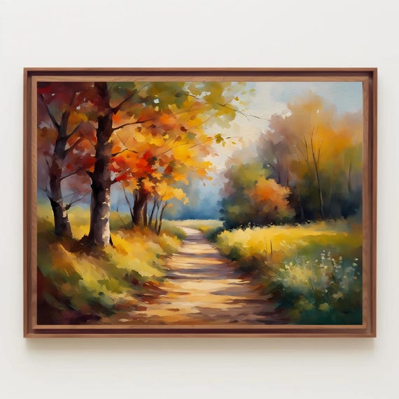 Countryside Road During Fall Time Watercolor Painting Autumn Landscape Farmland