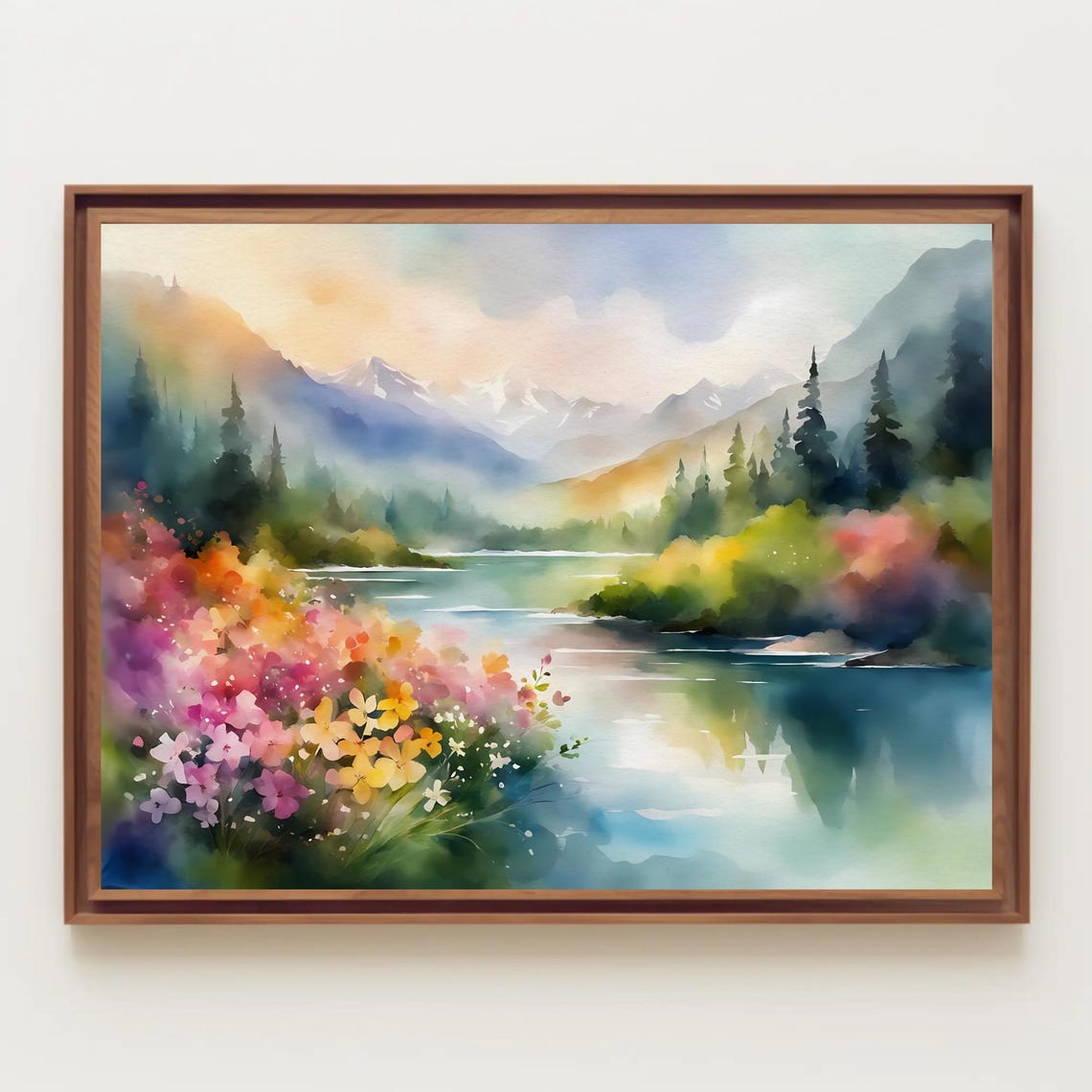 Mountain Lake Watercolor Painting Wildflower Meadow Spring Poster