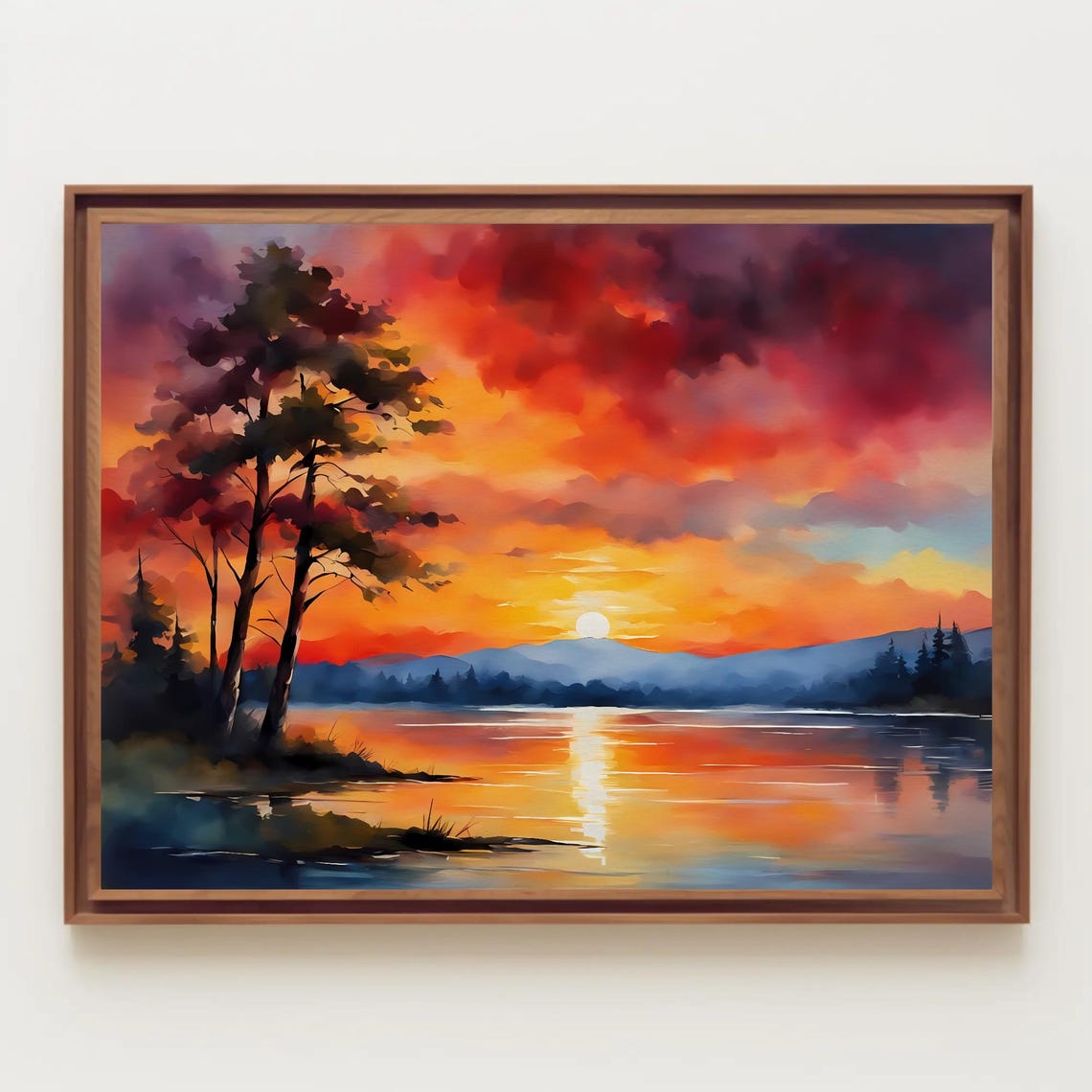 Tranquil Lake Sunset Reflection Trees Watercolor Landscape Poster