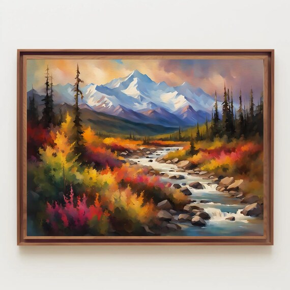 Autumn Mountain Stream Waterfall Oil Painting Landscape Poster