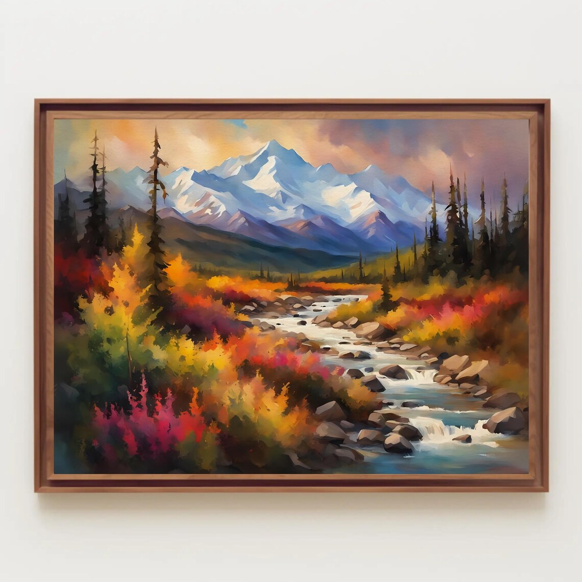 Autumn Mountain Stream Waterfall Oil Painting Landscape Poster