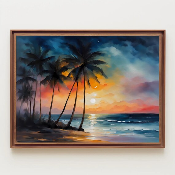 Vibrant Tropical Sunset Palm Tree Beach Ocean Oil Painting Poster