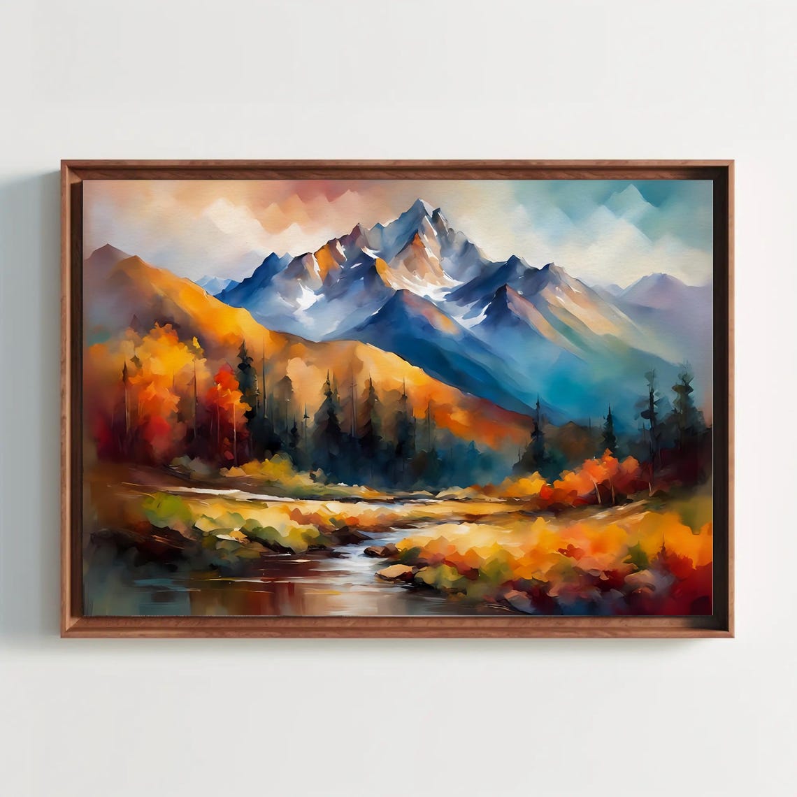 Fall Landscape Watercolor Painting Autumn Foliage Forest Leaves Wall Art