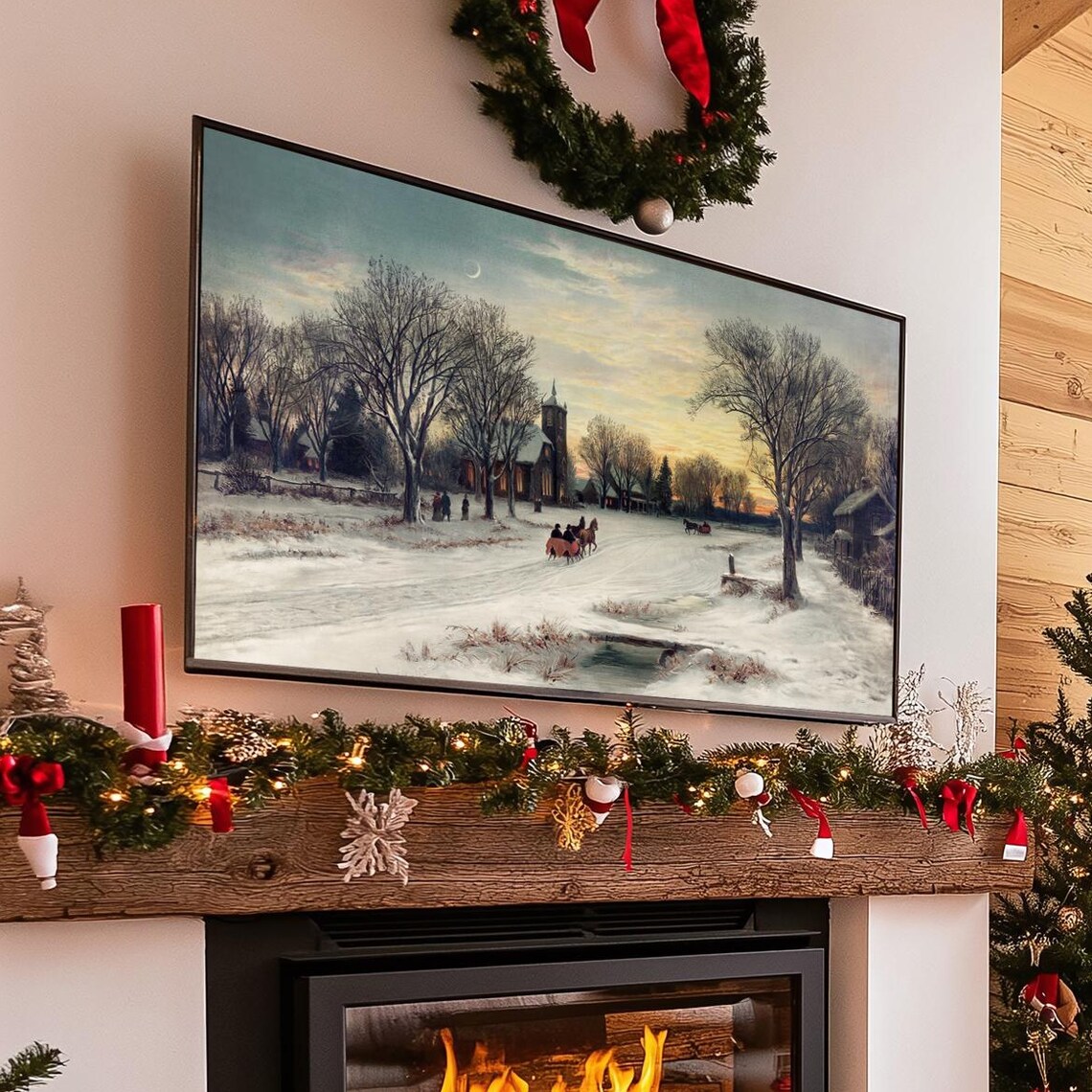 Vintage Winter Sleigh Ride Landscape Snowy Village Art Poster