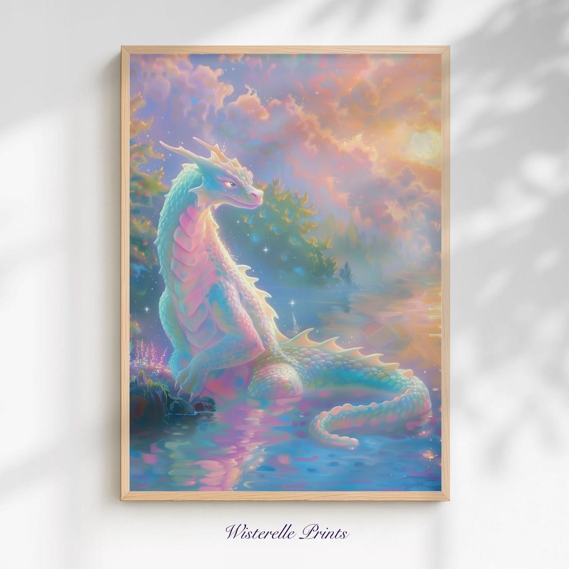 Dragon Wall Art Print Dreamy Pastel Lake Fantasy For Nursery Kids Room