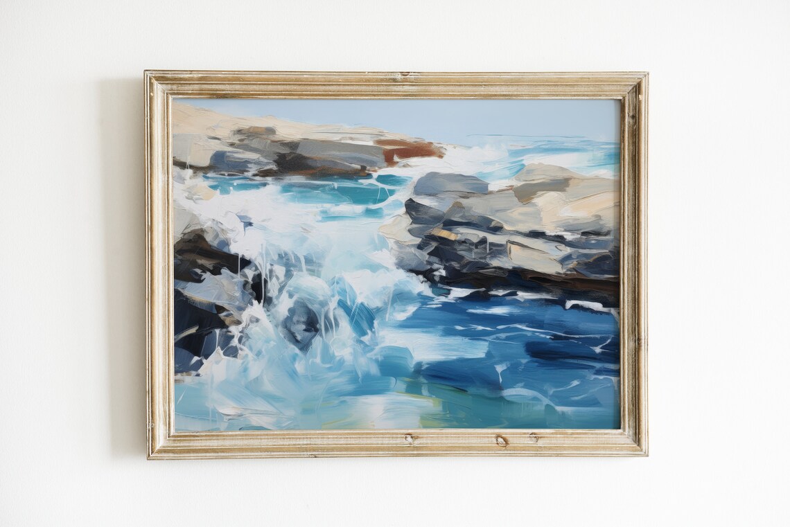 Blue and White Coastal Abstract Ocean Art Print