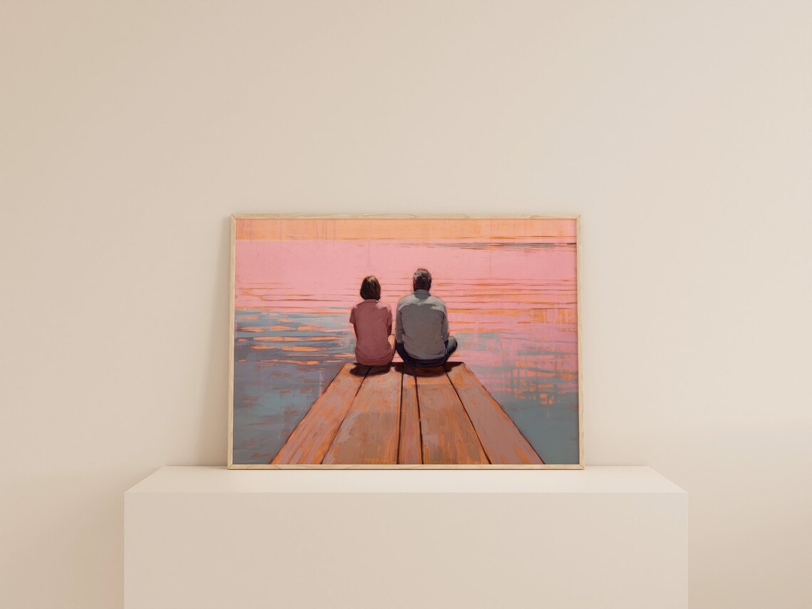 Vintage Lake Painting Rustic Pink Art Print - Image 2