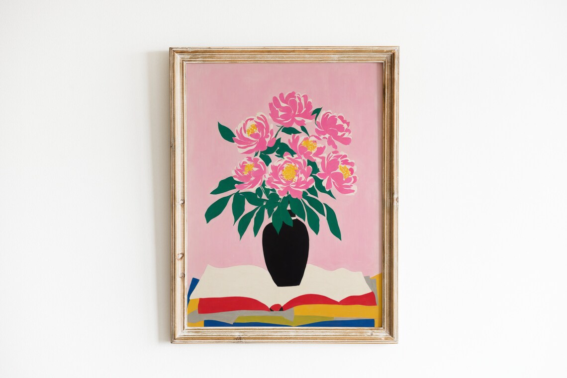 Pink Floral Painting Art Print, Preppy Decor