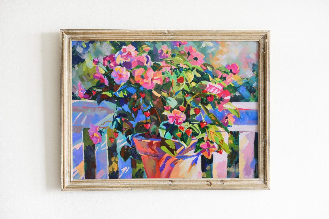 Pink Summer Floral Art Print, Trendy Apartment Decor