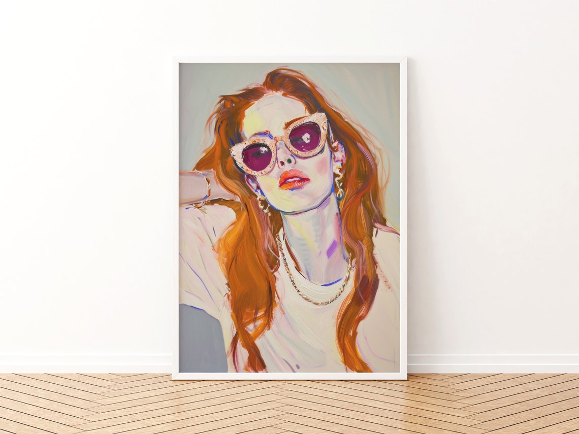 Red Haired Woman Purple Sunglasses Pop Art Portrait Painting Poster - Image 2