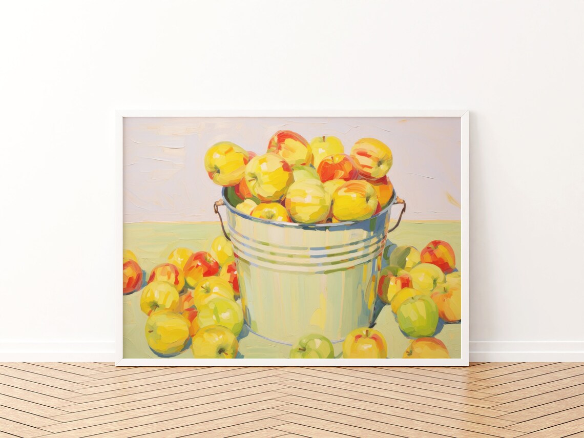 Bucket of Fresh Harvest Apples Still Life Oil Painting Kitchen Poster - Image 3