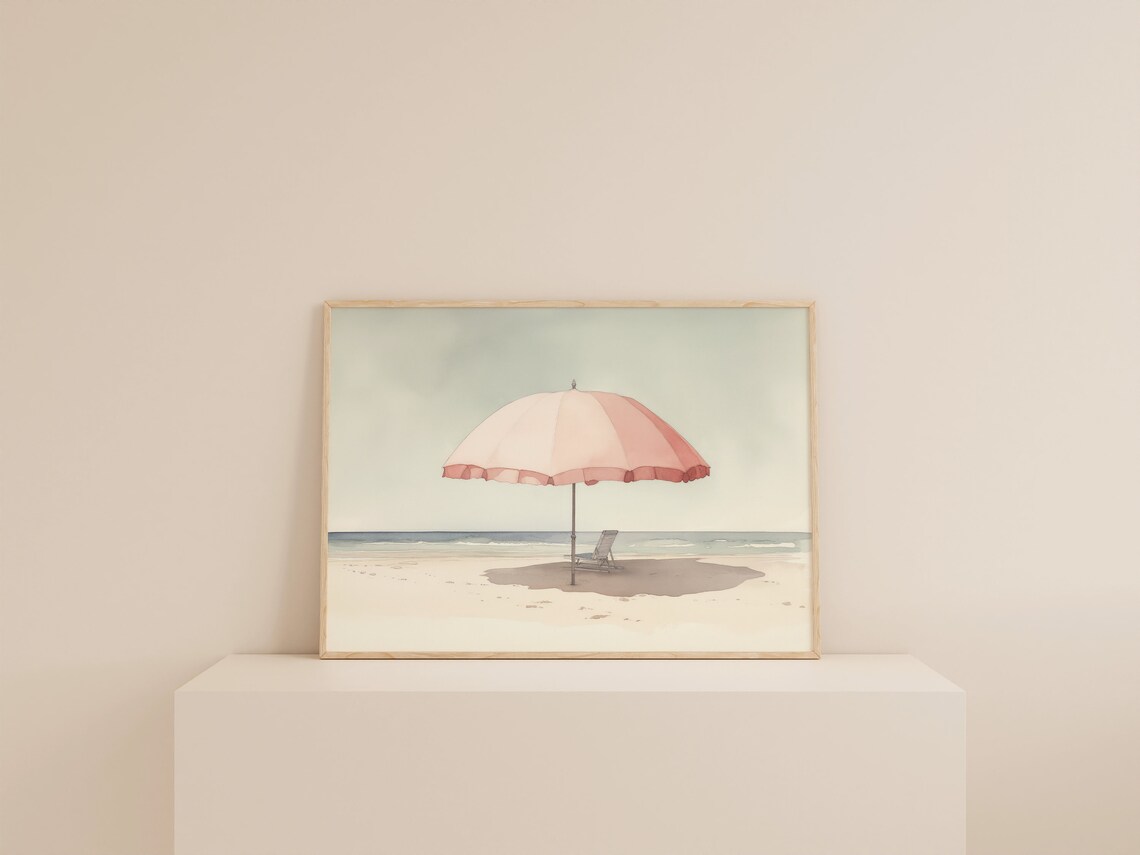 Pale Watercolor Beach Umbrella Art Print, Light Pink - Image 2