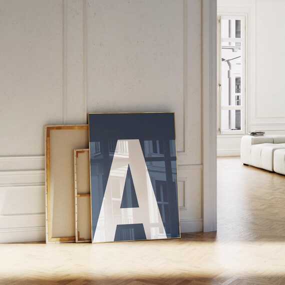 Letter A Alphabet Print Navy Blue Bold White Initial Minimal Dorm Decor