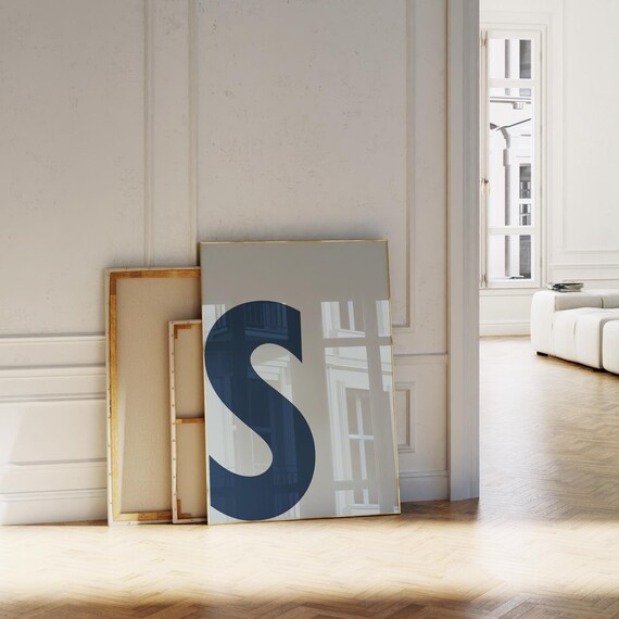 Navy Blue Letter S Bold Initial Alphabet Poster Modern Kids Room Decor
