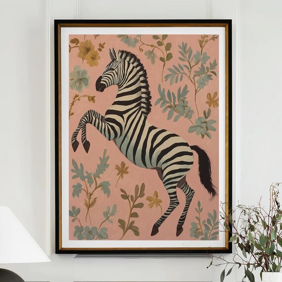 Leaping Zebra Blush Pink Botanical Chinoiserie Wallpaper Poster