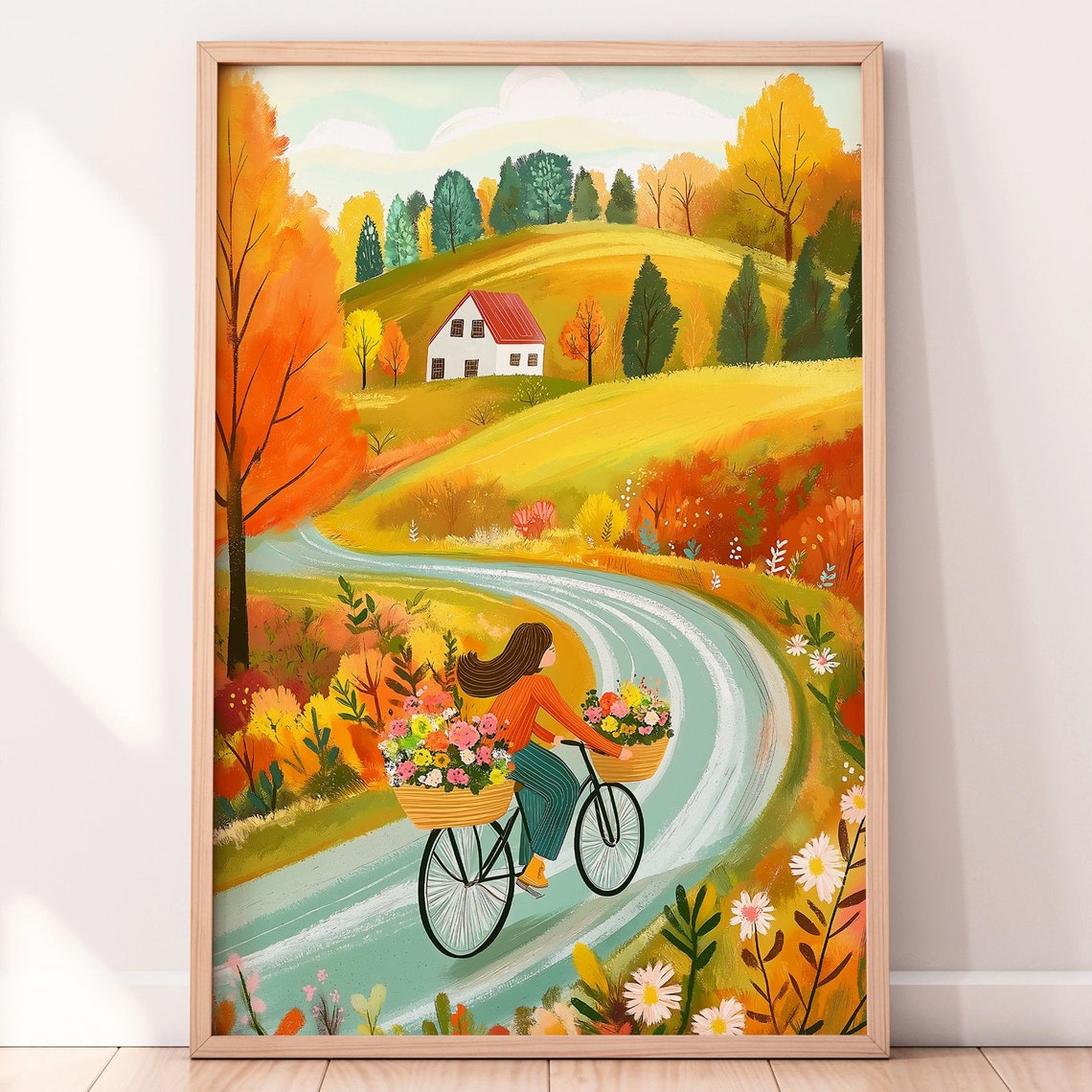 Autumn Countryside Cyclist Flower Baskets Fall Foliage Wall Art