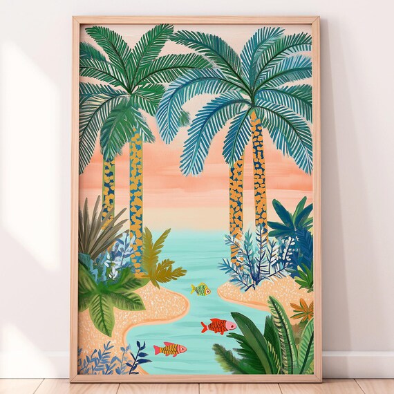 Whimsical Tropical Palm Trees Lagoon Fish Peach Sky Art Print