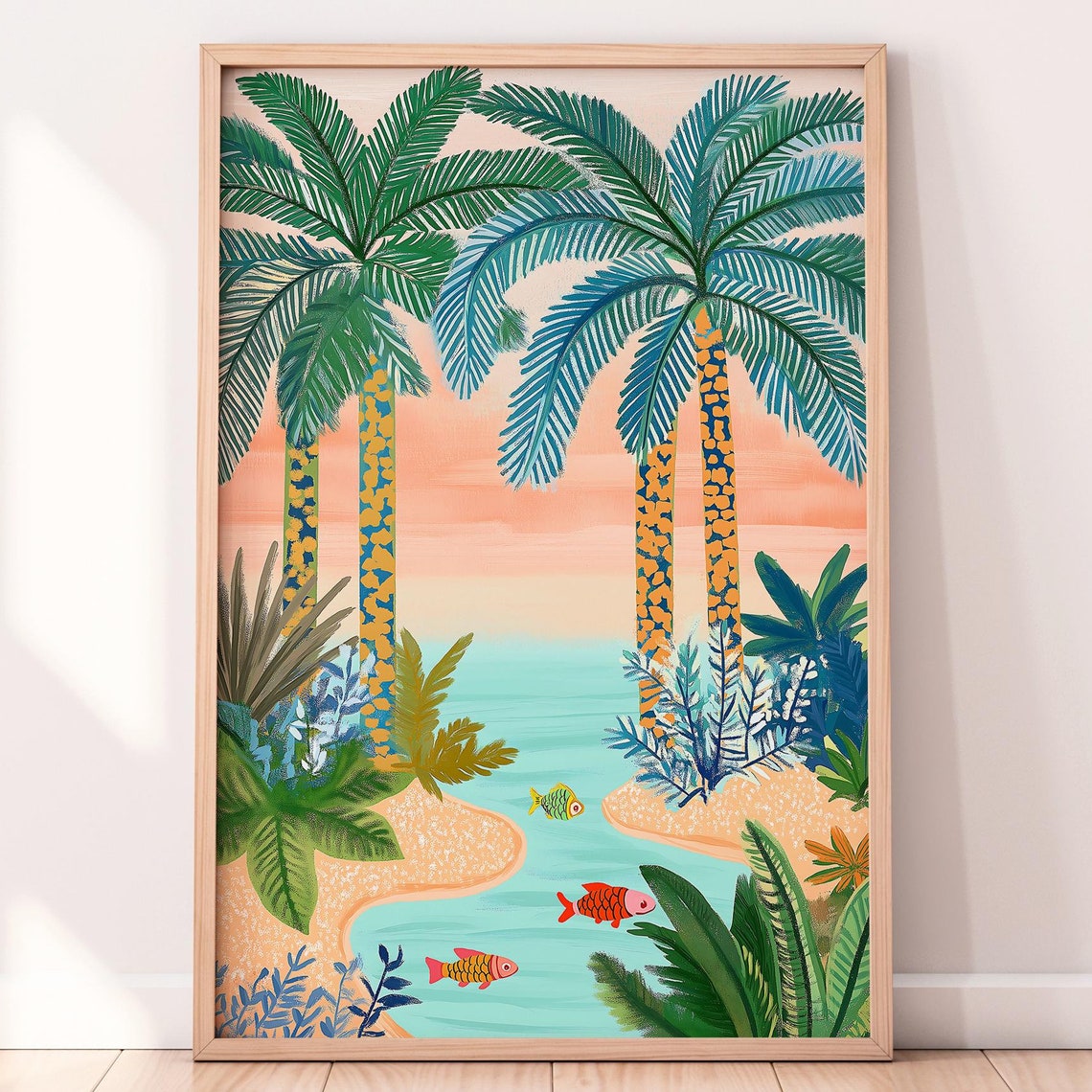 Whimsical Tropical Palm Trees Lagoon Fish Peach Sky Art Print
