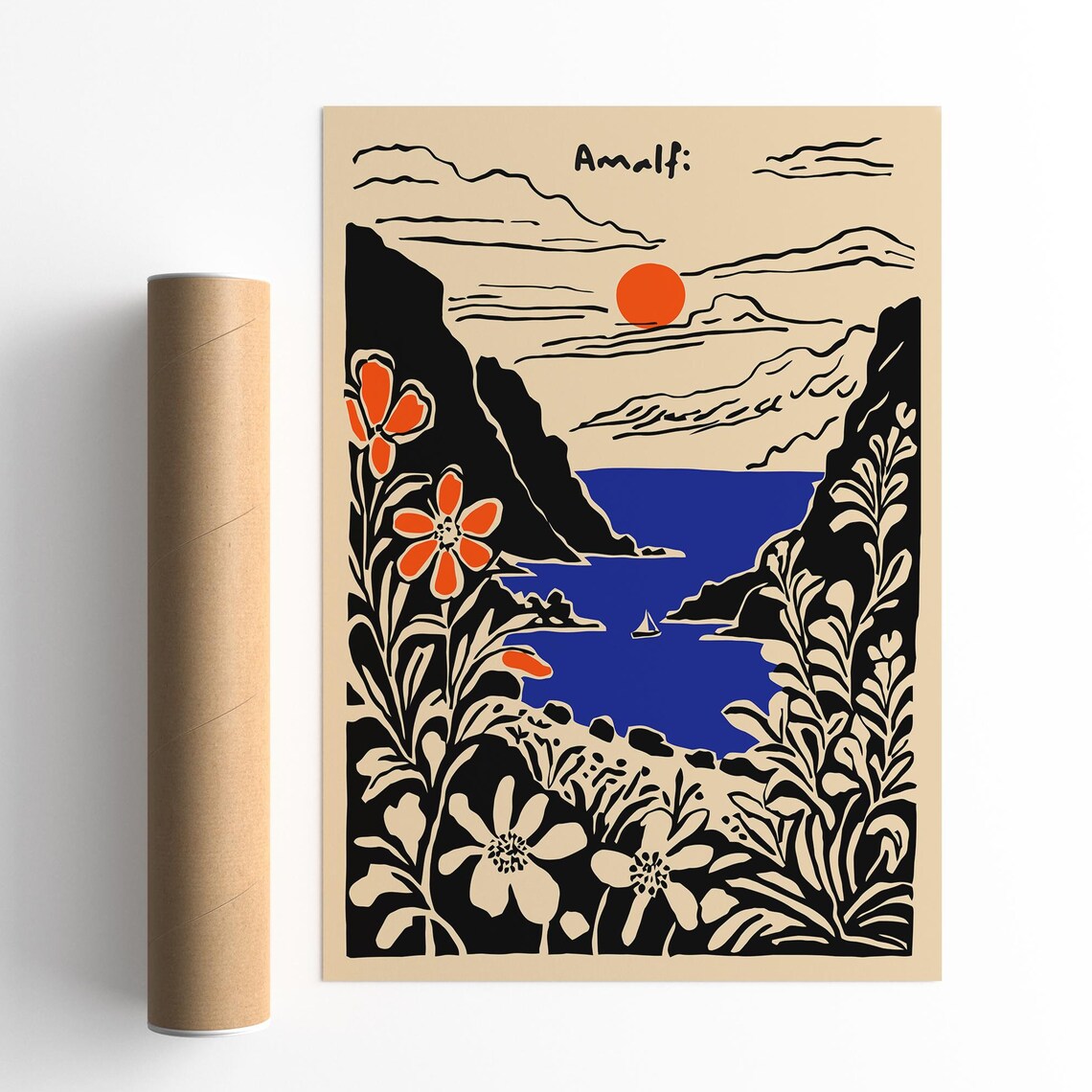 Amalfi Coast Sunset Flowers Sailboat Retro Italian Travel Poster