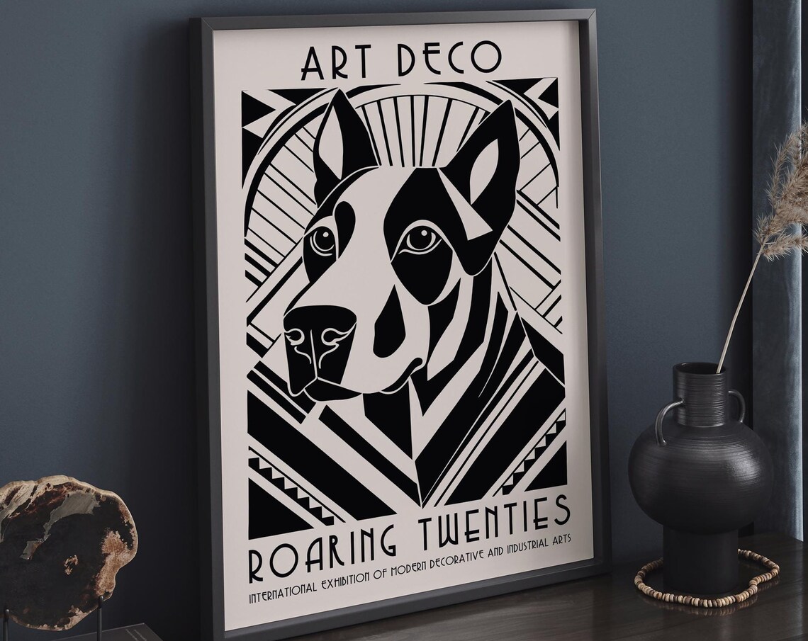 Art Deco Roaring Twenties Black and White Geometric Dog Poster