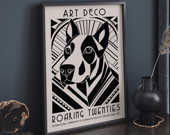 Art Deco Dog Poster Roaring Twenties Black White Wall Art Modern Exhibition Print Retro Geometric Animal Print Luxury Home Decor
