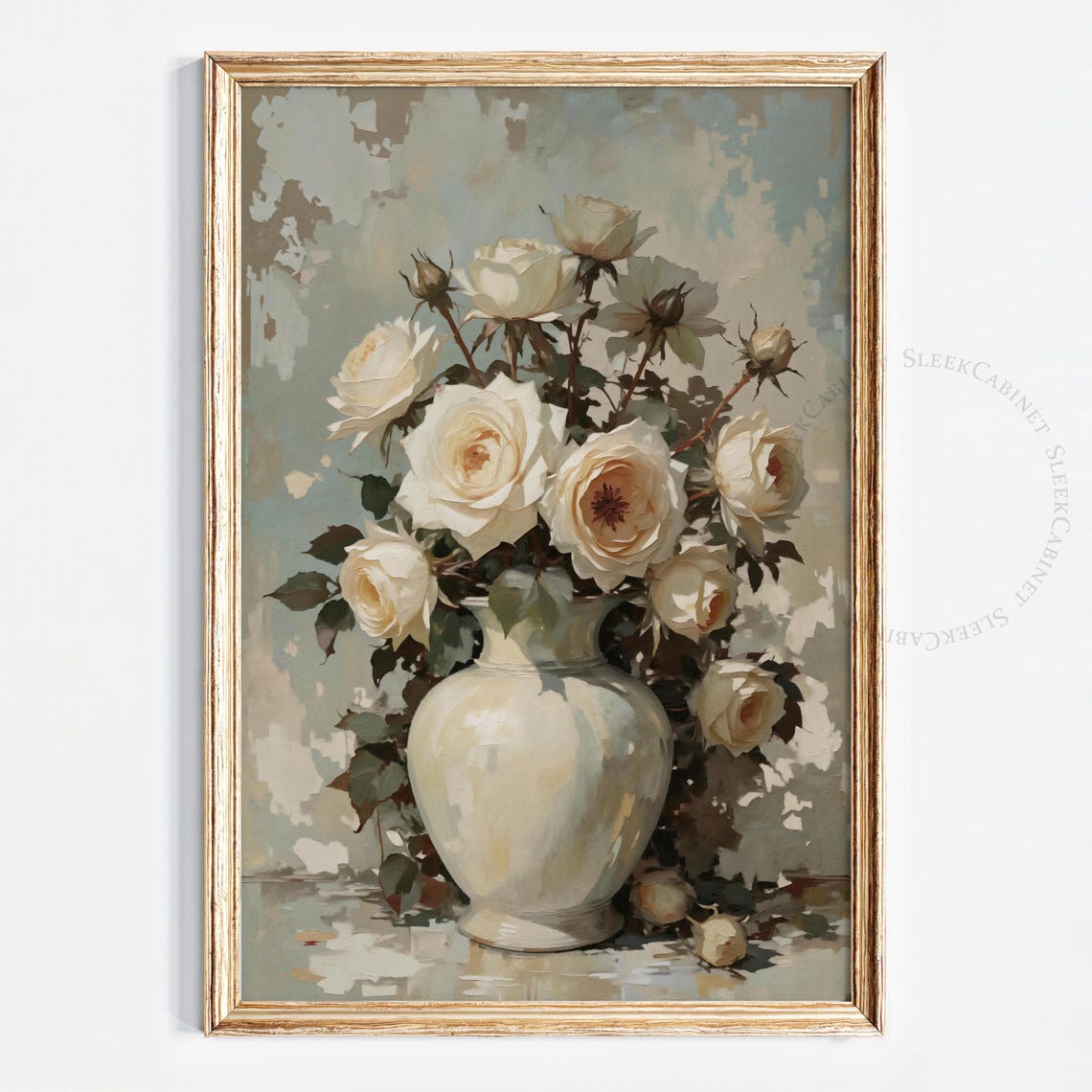 White Roses in Vase Soft Impressionist Floral Still Life Poster - Image 2