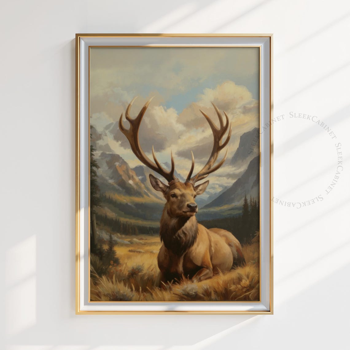 Resting Elk Stag Golden Meadow Mountain Valley Wildlife Art Poster
