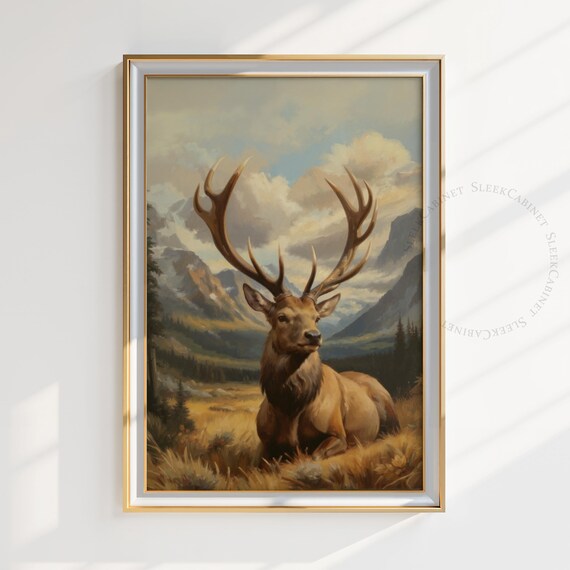Resting Elk Stag Golden Meadow Mountain Valley Wildlife Art Poster