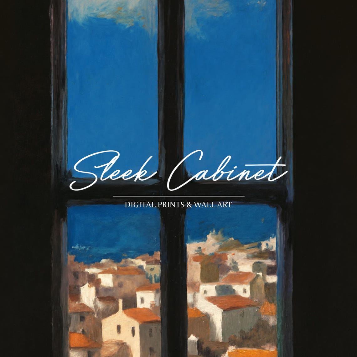 Dark Window View Mediterranean Coastal Town Red Roofs Art Poster - Image 3