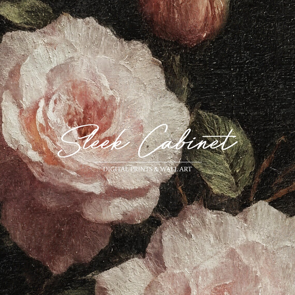Moody Vintage Blush Roses Still Life Dark Floral Oil Painting Poster - Image 3