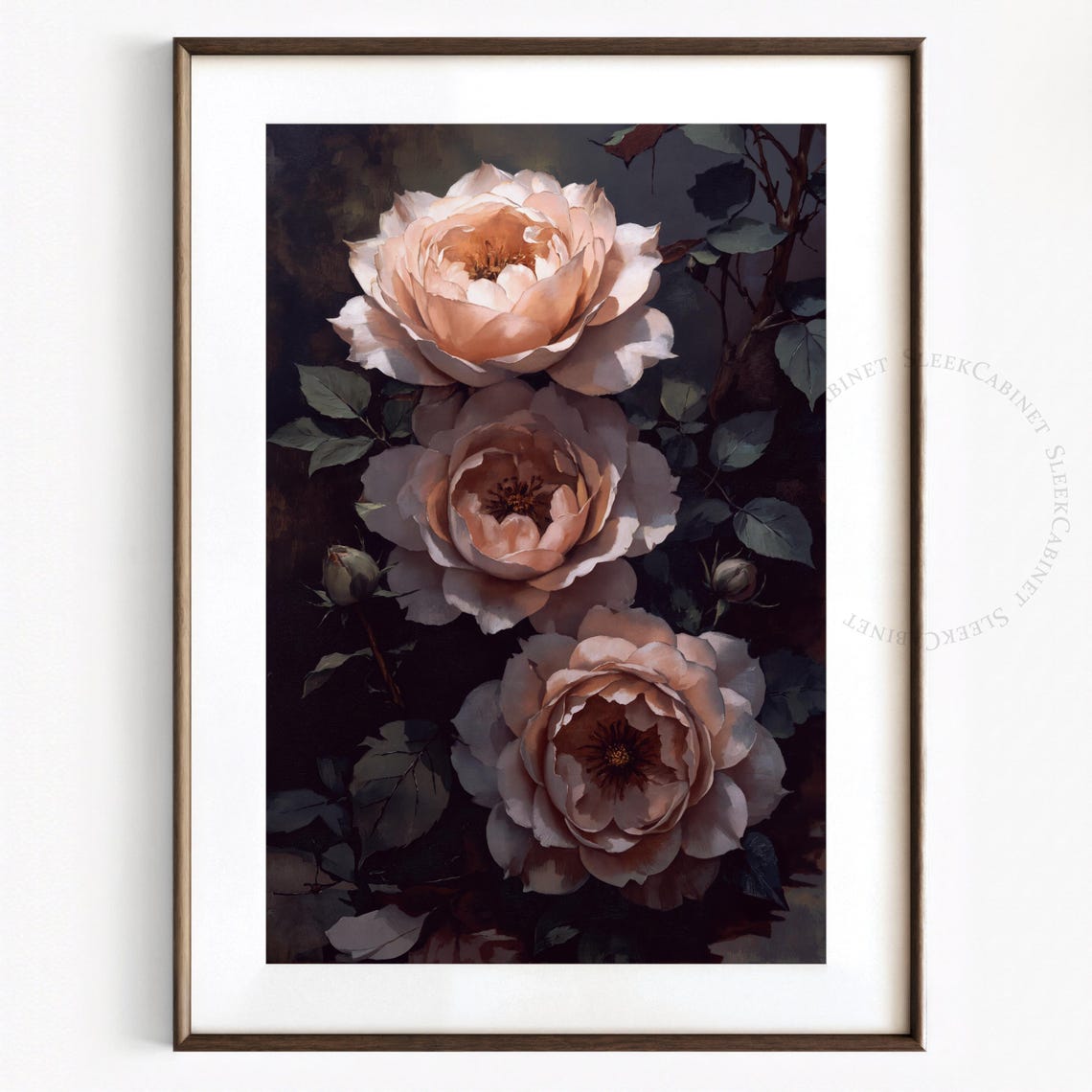 Three Glowing Peach Roses Dark Vintage Floral Oil Painting Poster - Image 2