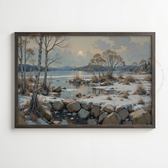 Moonlit Winter Lake Rocky Shore Birch Trees Snow Landscape Poster