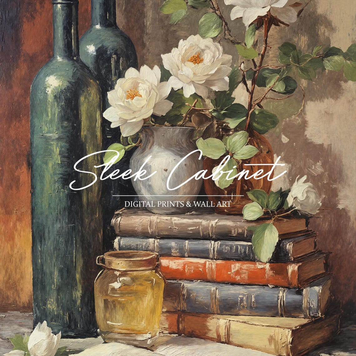 Vintage Books Wine Bottles White Roses Still Life Oil Art Poster - Image 4