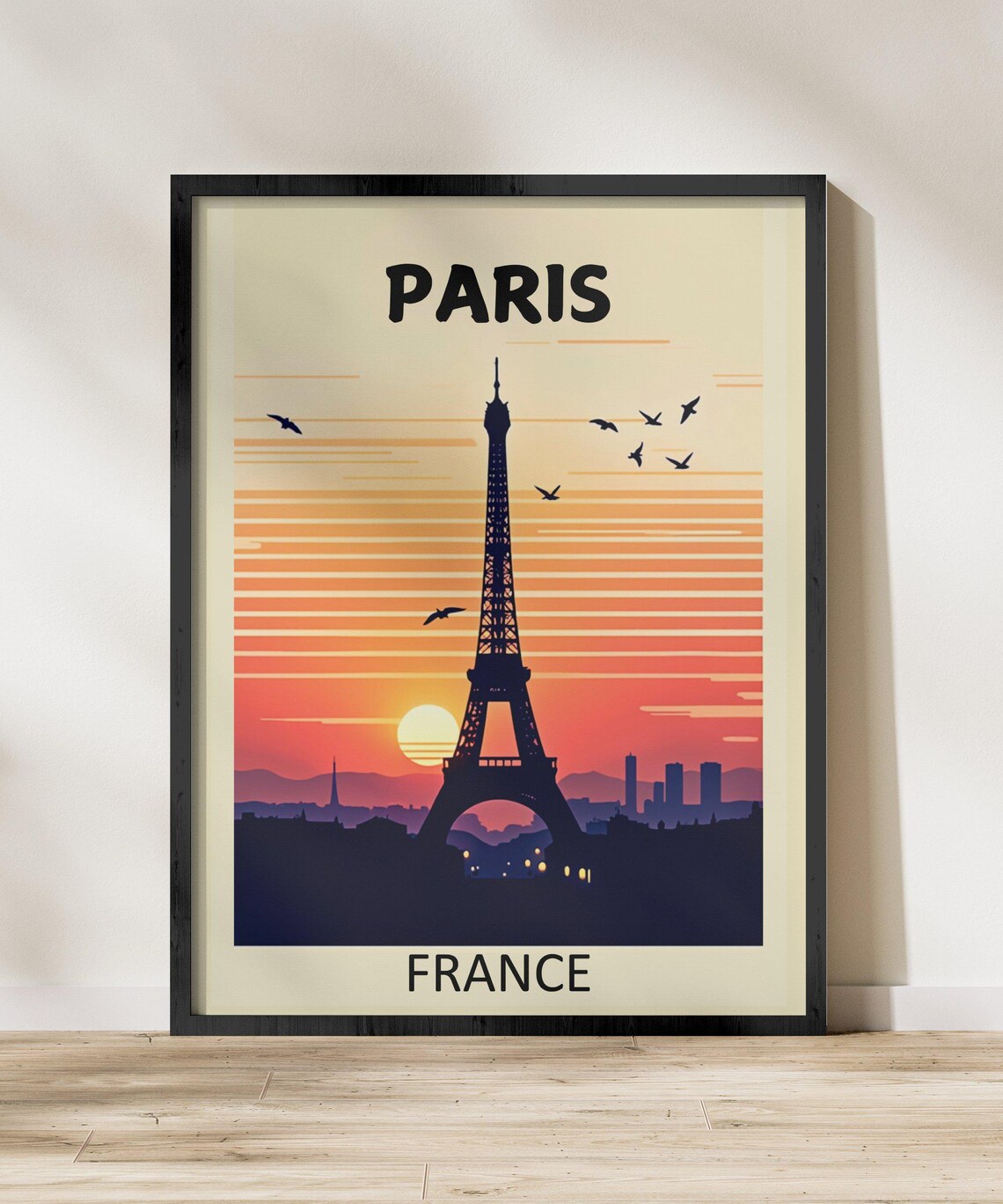 Paris France Eiffel Tower Sunset Silhouette Birds Travel Poster - Image 2