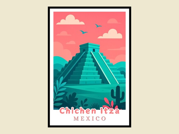 Chichen Itza Mexico Mayan Pyramid Tropical Retro Travel Poster