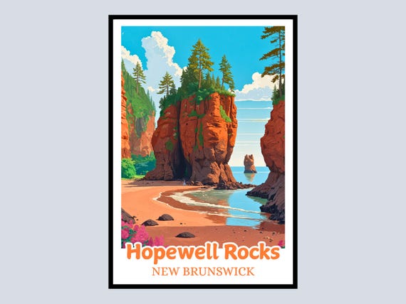 Hopewell Rocks Framed Poster New Brunswick Travel Art Canada Wall Decor Gift Colorful Landscape Home Office