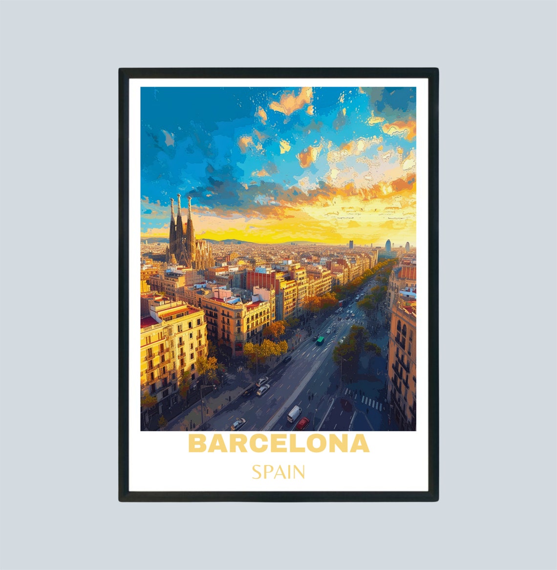 Barcelona Spain Sunset Aerial Cityscape Cathedral View Travel Poster