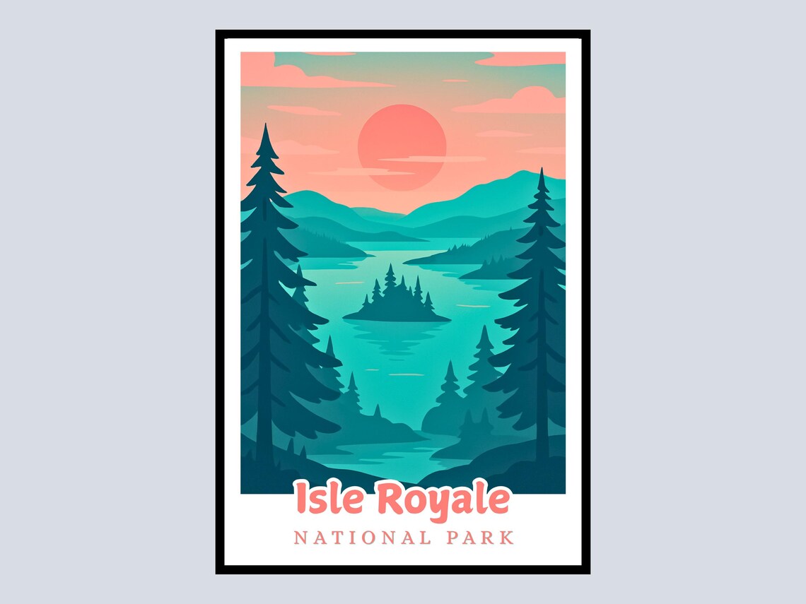 Isle Royale National Park Pine Forest Sunset Lake Travel Poster