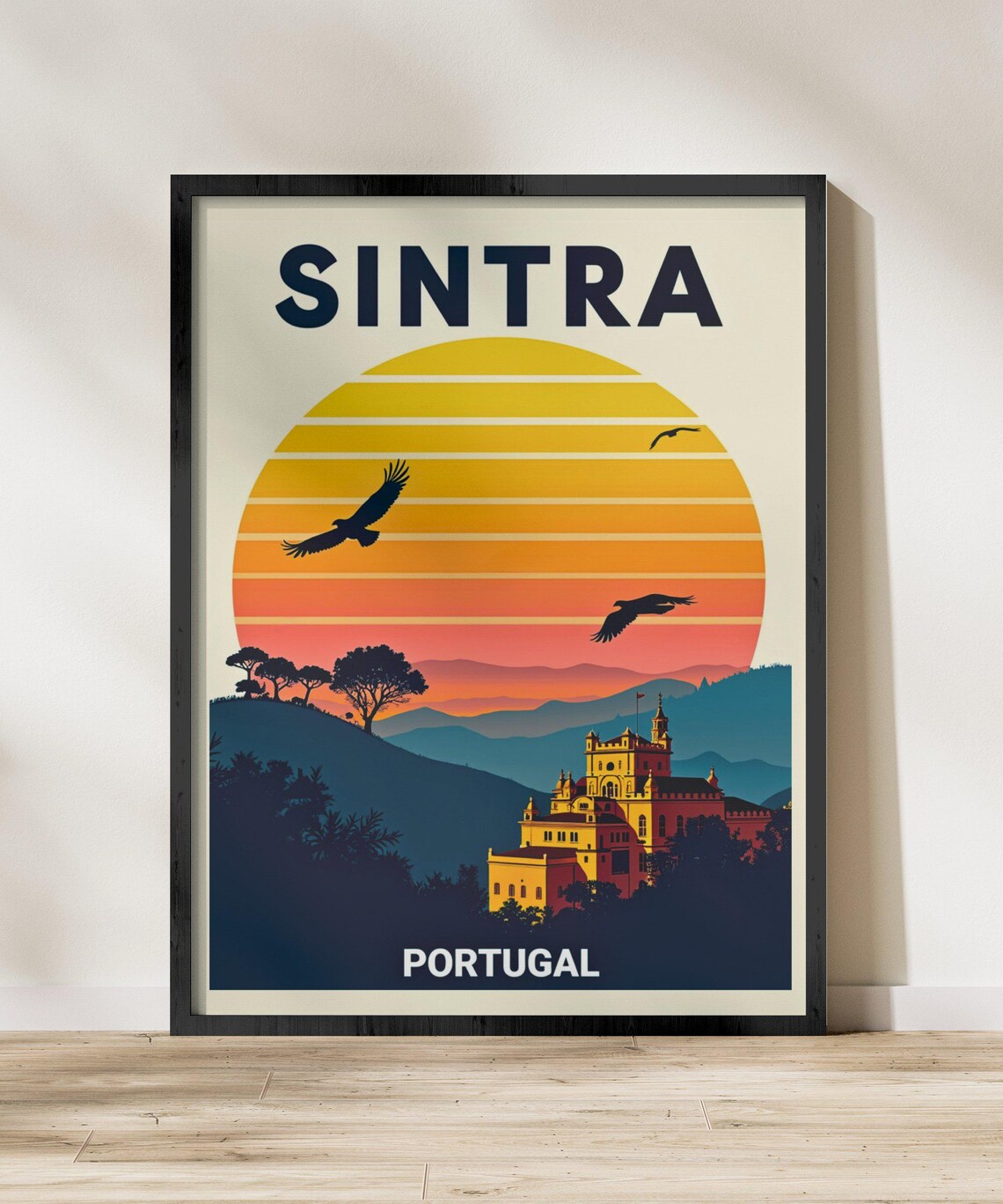 Sintra Portugal Sunset Mountains Palace Birds Retro Travel Poster - Image 2