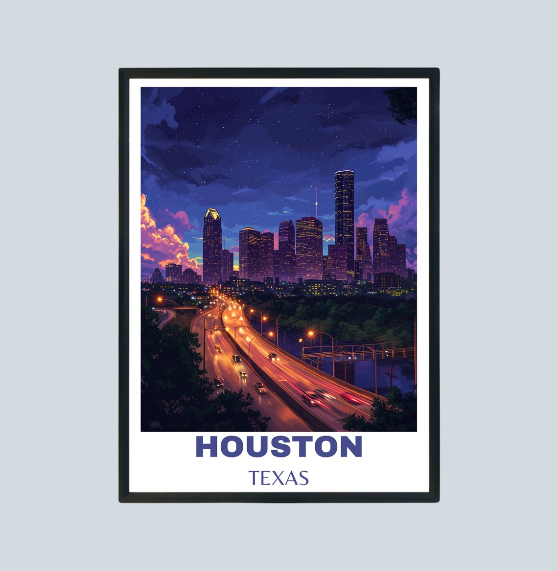 Houston Texas Night Skyline Highway Light Trails City Poster
