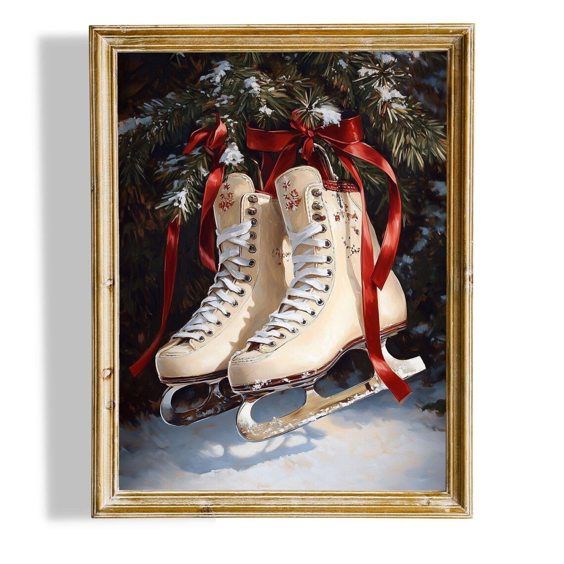 Vintage White Ice Skates Red Ribbon Snowy Pine Holiday Art Poster