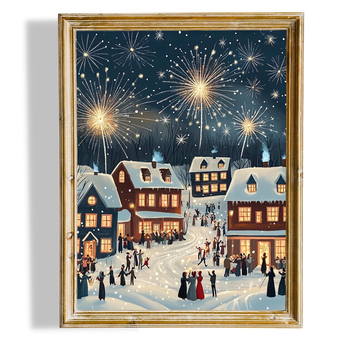 New Years Eve Fireworks Over Snowy Town At Night Celebration Poster