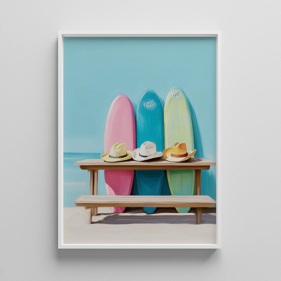 Colorful Surfboards With Cowboy Hats Coastal Western Beach Poster