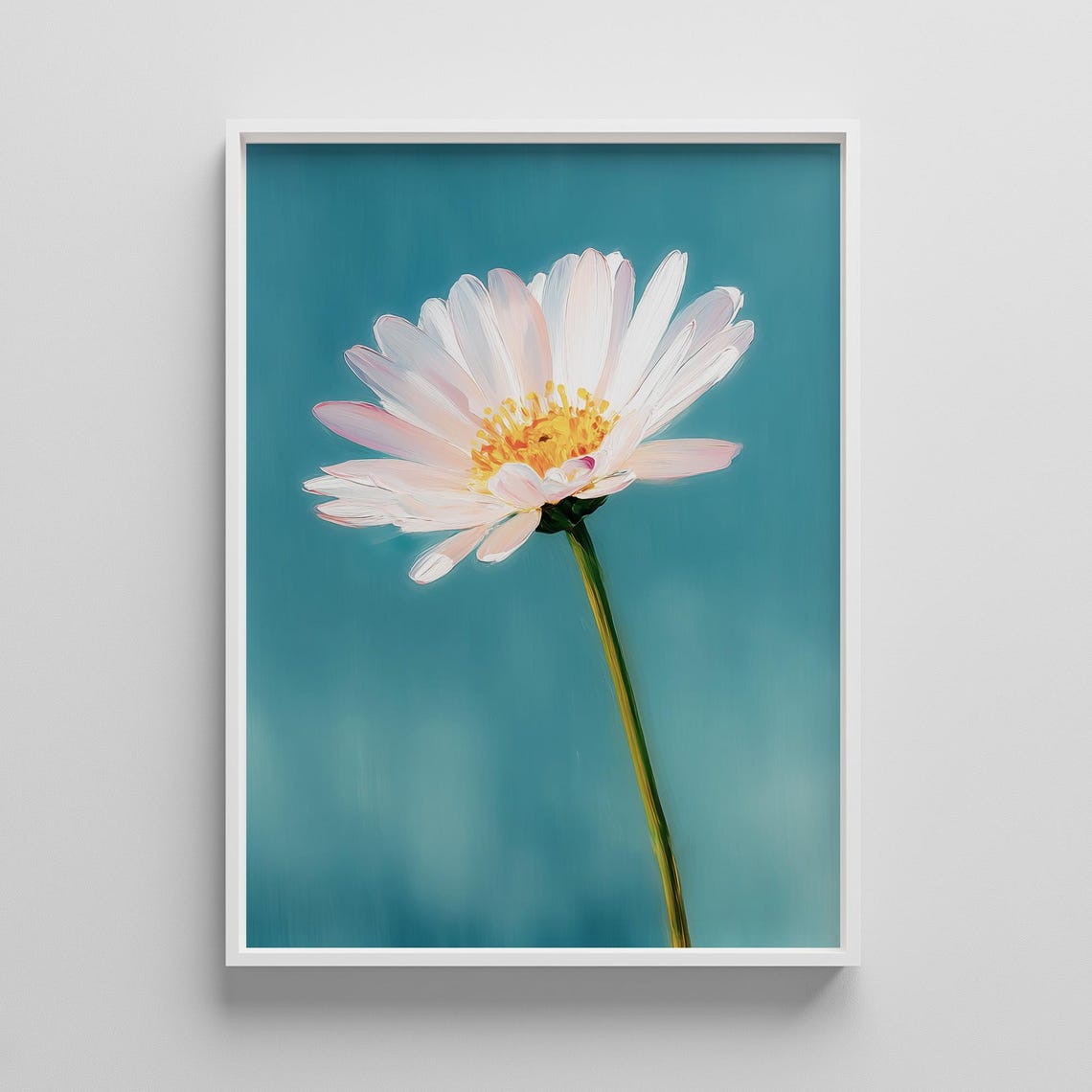 Single White Daisy Flower Blush Petals Teal Background Poster