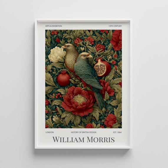 William Morris Bird Print Dark Red Art Nouveau Botanical Poster
