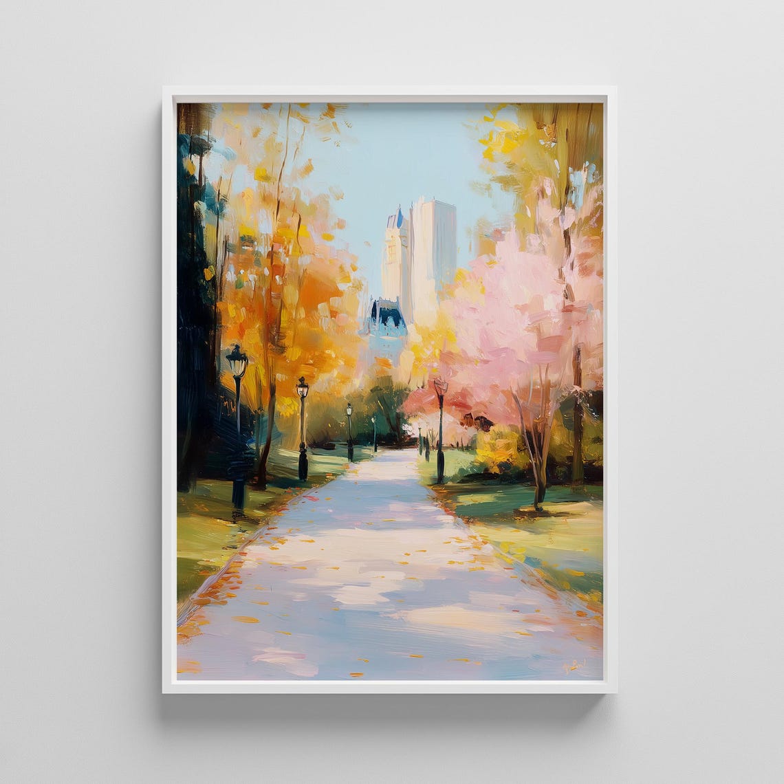 Central Park Fall Foliage Tree Lined Path Autumn Painting Poster