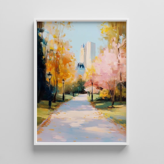 Central Park Fall Foliage Tree Lined Path Autumn Painting Poster