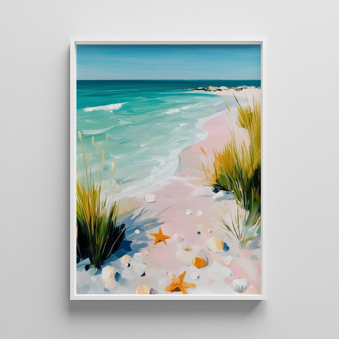 Seashell Starfish Pink Sand Beach Turquoise Ocean Painting Poster