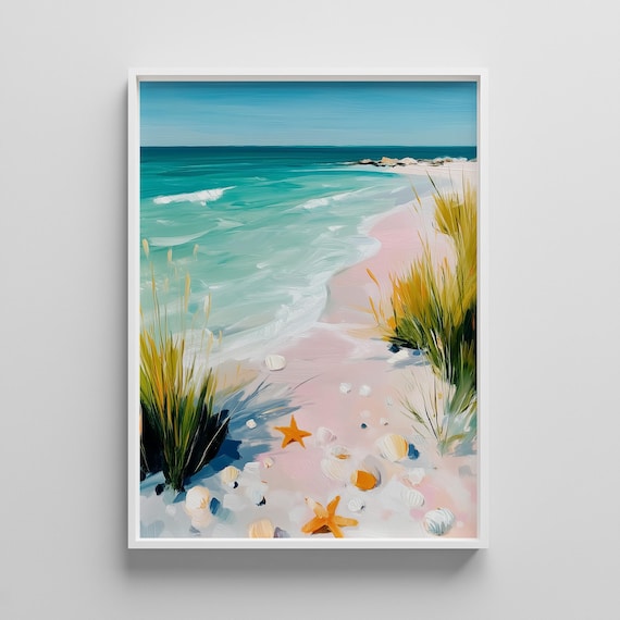 Seashell Starfish Pink Sand Beach Turquoise Ocean Painting Poster