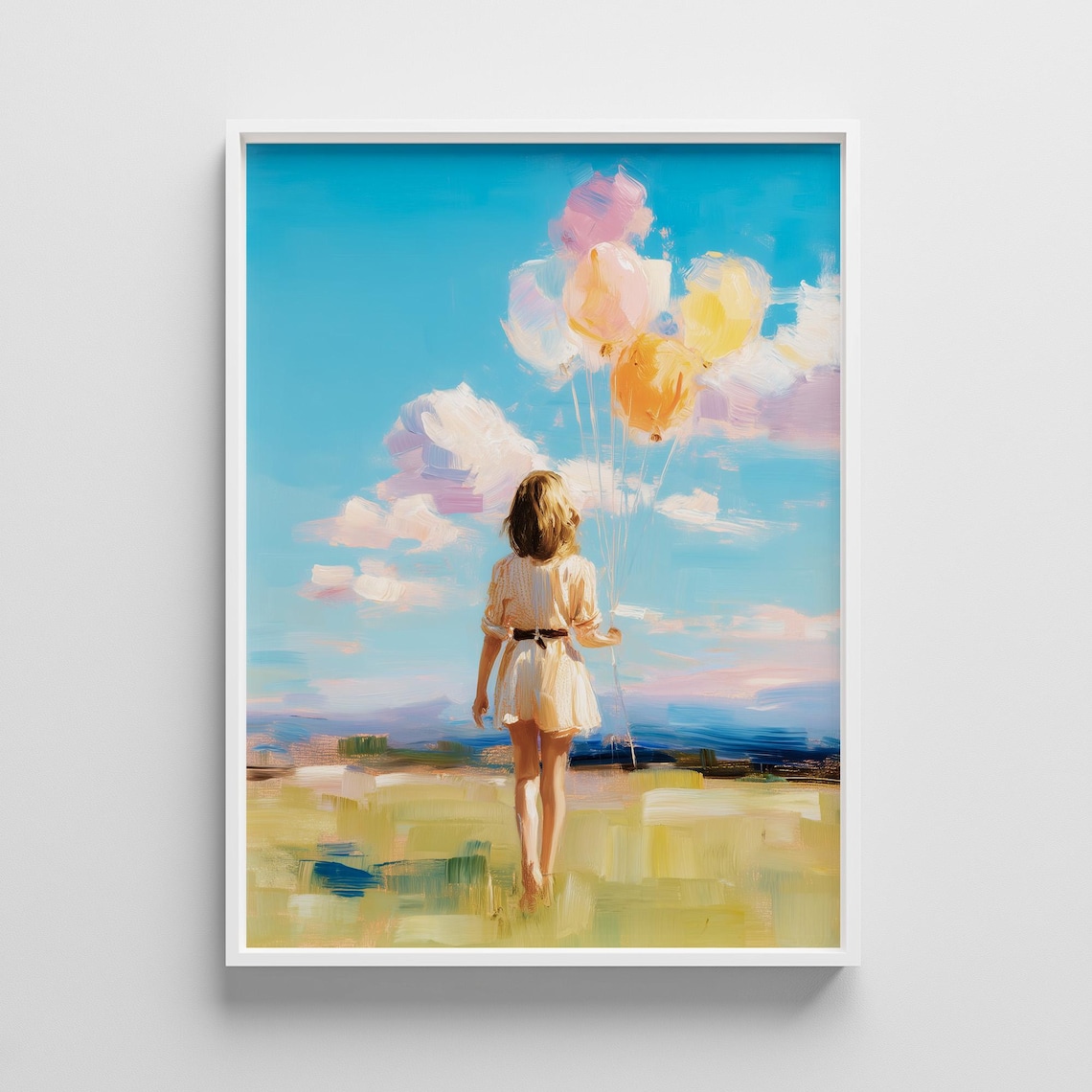 Little Girl Holding Pastel Balloons in Sunny Field Painting Print